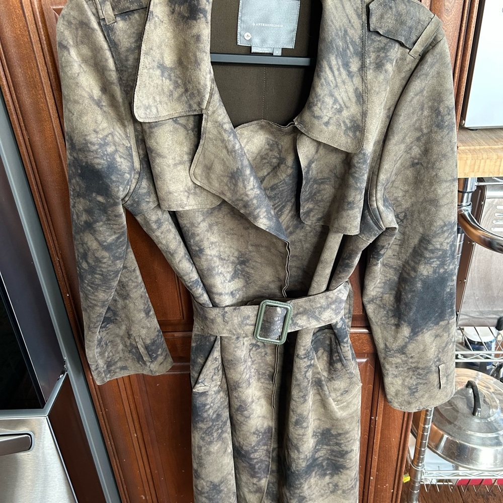 Anthropologie Roxie Sueded Tie Dye Trench Coat with tie waist